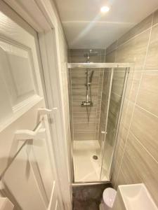 a white bathroom with a shower and a toilet at Studio Apartment in Dartford, 5mins to Stn & High Str. in Kent