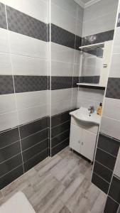 y baño con lavabo y ducha. en Freedom-Fehérvár apartman en Székesfehérvár
