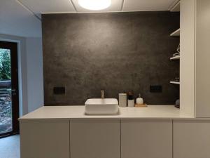 a bathroom with a sink and a black wall at 100% Vacation feeling by the Waterside: Pian'Eau in Ghent
