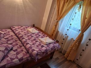 a bedroom with a bed with a quilt and a window at Cabana Georgiana Maria in Gheţari