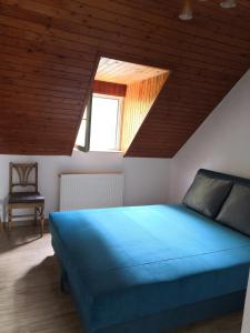 a bedroom with a blue bed with a skylight at Elisabeth Vendégház in Balatonudvari