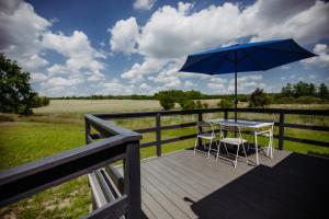 a table and chairs on a deck with an umbrella at Kontenery Kapalica 