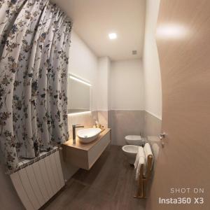 a bathroom with a sink and a toilet and a shower curtain at Cozy Living Bergamo in Seriate