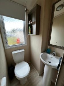 Aberlady75 في Port Seton: حمام صغير مع مرحاض ومغسلة
