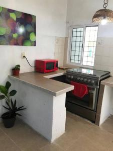 cocina con fogones y encimera con microondas en Departamento Canek 1 en Mérida