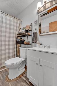 La salle de bains est pourvue de toilettes blanches et d'un lavabo. dans l'établissement The Sage Chalet in Emerald Lakes, Poconos!, à Long Pond