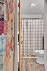 a bathroom with a toilet and a shower curtain at The Sage Chalet in Emerald Lakes, Poconos! in Long Pond