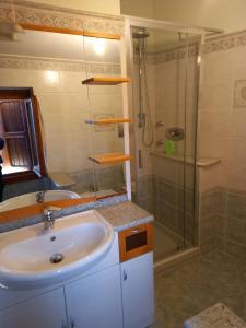 uma casa de banho com um lavatório e um chuveiro em La sosta di Fano em Reggello