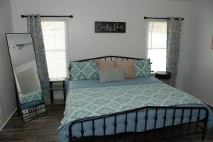 a bedroom with a bed and a mirror at Cozy Cottage with Full View of the Mountains! in Blue Ridge