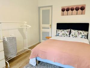 1 dormitorio con 1 cama con manta rosa en Wendy family flat with calm courtyard 3min for metro Paris in 10 mins, en Maisons-Alfort