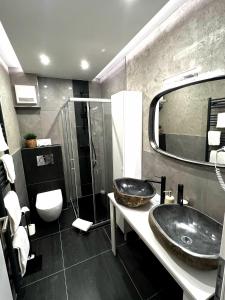 a bathroom with a sink and a toilet and a mirror at Seehotel Losheim in Losheim +61 photos