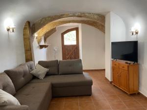 Montagut的住宿－FINCA MAS GUIXOT relax y natura，带沙发和平面电视的客厅