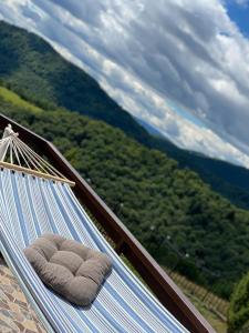 a hammock with a view of a mountain at Cabana Refugiu Montan in Băişoara