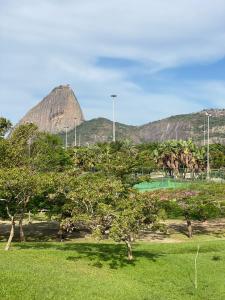 een veld met bomen en een berg op de achtergrond bij Studio Living Flamengo in Rio de Janeiro