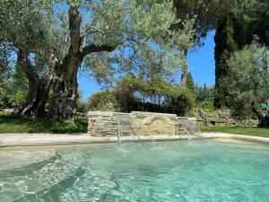 a fountain in a pool in a yard with trees at Le Balze Camere in Villa in Perugia