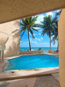 una piscina con palmeras y el océano en Puerta al mar, en Cancún