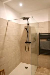 La salle de bains est pourvue d'une douche avec une porte en verre. dans l'établissement Appartement 72m2 cosy centre ville, à Saint-Rémy-de-Provence
