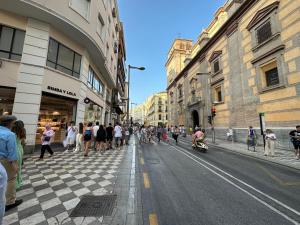 una multitud de personas caminando por una concurrida calle de la ciudad en Pensión Recogidas en Granada