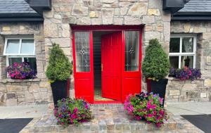 a red door on a stone house with flowers at Cosy Rooms in a Stone Cottage in Galway