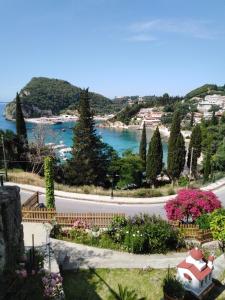 a view of a road and a body of water at Teo & Niki in Paleokastritsa