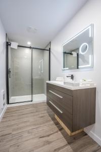 a bathroom with a sink and a shower at Le 2020 Charlevoix in La Malbaie