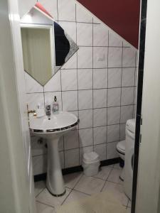 a bathroom with a sink and a mirror and a toilet at Apartman MAJ in Bijelo Polje
