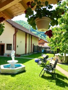 a yard with a fountain and chairs and a building at Pensiunea Silva Dobra in Şugag