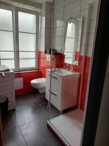 La salle de bains est pourvue de toilettes, d'un lavabo et d'un miroir. dans l'établissement L'escale du centre du lac de Gérardmer, à Gérardmer