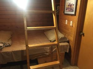 ein Etagenbett in einem winzigen Haus mit einer Leiter in der Unterkunft Cabin 1. For freedom loving simple not picky people. Rental cars available. in Custer
