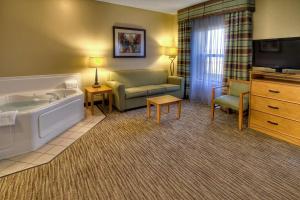 um quarto de hotel com uma banheira, um sofá e uma televisão em Hampton Inn & Suites Kalamazoo-Oshtemo em Oshtemo