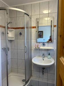 uma casa de banho com um chuveiro e um lavatório. em Pension Deichblick 1 em Norden