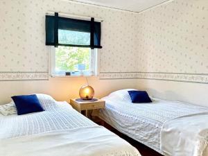 two twin beds in a room with a window at 7 person holiday home in KöPINGSVIK-By Traum in Köpingsvik