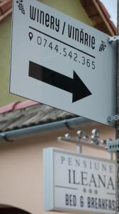 a white sign with an arrow pointing to a pharmacy at PENSIUNEA ILEANA "Adults Only" in Orlat