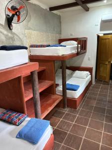a room with three bunk beds in it at Out Back Zapote in Flores