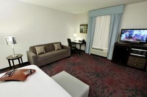 a hotel room with a couch and a television at Hampton Inn & Suites Winnie in Winnie