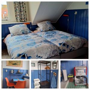 a bedroom with blue walls and a bed in a room at Unia's Verhuur in Zoutelande +7 photos