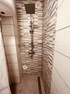 ルツィヤにあるLea apartmentの白いタイルのバスルーム(ウォークインシャワー付)