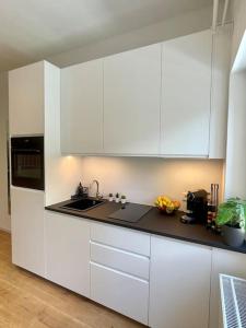 uma cozinha com armários brancos e um balcão preto em Modernes Apartment im Zentrum von Karlsruhe em Karlsruhe