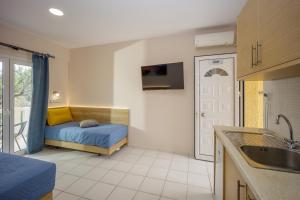 1 dormitorio con 1 cama y cocina con fregadero en Sofia's Apts en Hersonissos