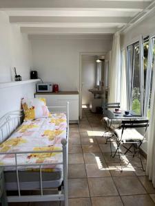 um quarto com uma cama, uma mesa e uma cozinha em Idyllic studio with panoramic views em Ronco sopra Ascona