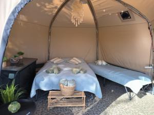 ein Bett in einem Zelt mit zwei Teddybären darauf in der Unterkunft Glamping Rožnov in Rožnov pod Radhoštěm