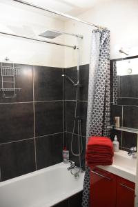 uma casa de banho com um chuveiro, um lavatório e uma banheira em La Petite Corneille - a chic and central studio. em Le Monêtier-les-Bains