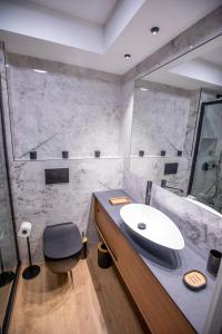 een badkamer met een wastafel, een toilet en een spiegel bij Somptueux deux pièces vue mer + parking in Beausoleil