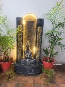 une statue de buddha éclairée dans une pièce ornée de plantes dans l'établissement Gupta Residence., à Dhanbād