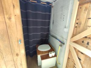 Baño pequeño con aseo y cortina de ducha azul en Tiny House Lapradelle-Puilaurens, en Puilaurens