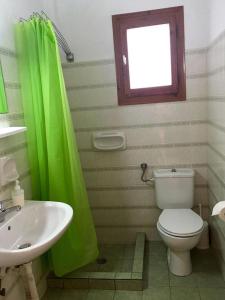 a bathroom with a green shower curtain and a toilet at KIRIKOS ROOMS in Sifnos