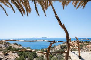 una palmera con el océano en el fondo en Muar Suites en Agios Pavlos