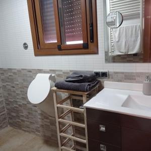 uma casa de banho com um lavatório, um WC e um espelho. em Ca Serrulleta em Ascó
