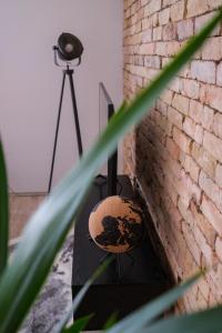 a plant in front of a brick wall with a camera at Cityscape Apartment ~ AC/Indoor parking/Balcony in Budapest