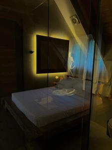 Schlafzimmer mit einem Bett und einem TV an der Wand in der Unterkunft Molla Guest House in Theth